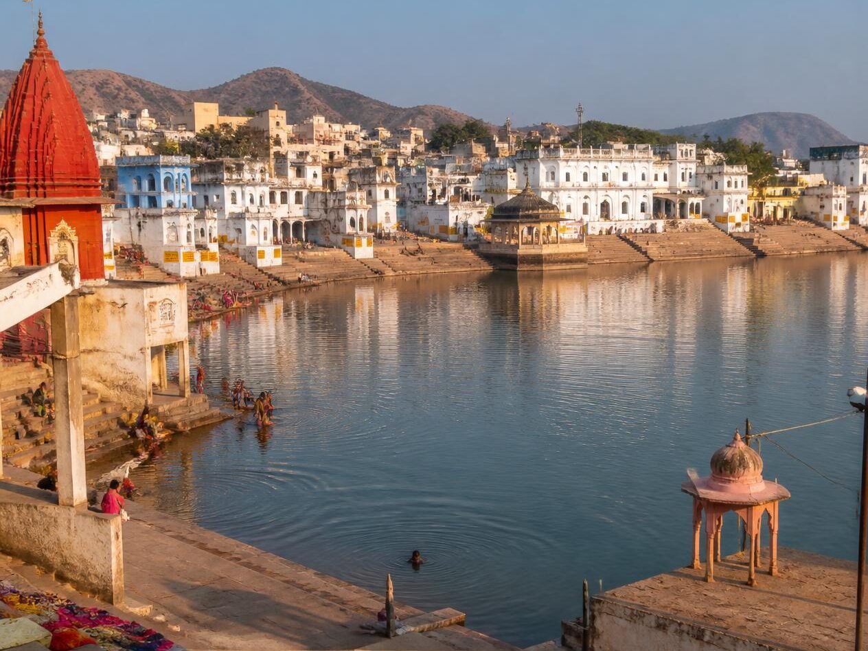 a realistic scenic photo of pushkar, rajasthan, featuring pushkar lake, the ghats, the brahma temple, warm desert town tones, and clear daylight