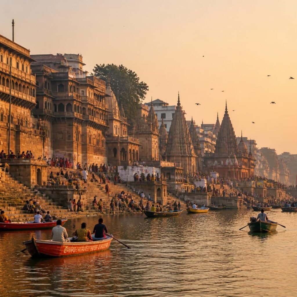 a realistic scenic photo of varanasi, uttar pradesh, featuring the ghats along the ganges river, early morning boats, temple spires, and a warm golden daylight atmosphere