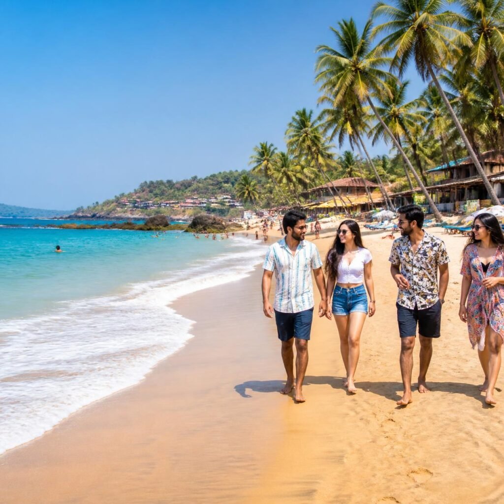 a realistic scenic photo of a goa beach with a group of friends enjoying the shoreline, turquoise sea, golden sand, palm trees, and a bright sunny atmosphere