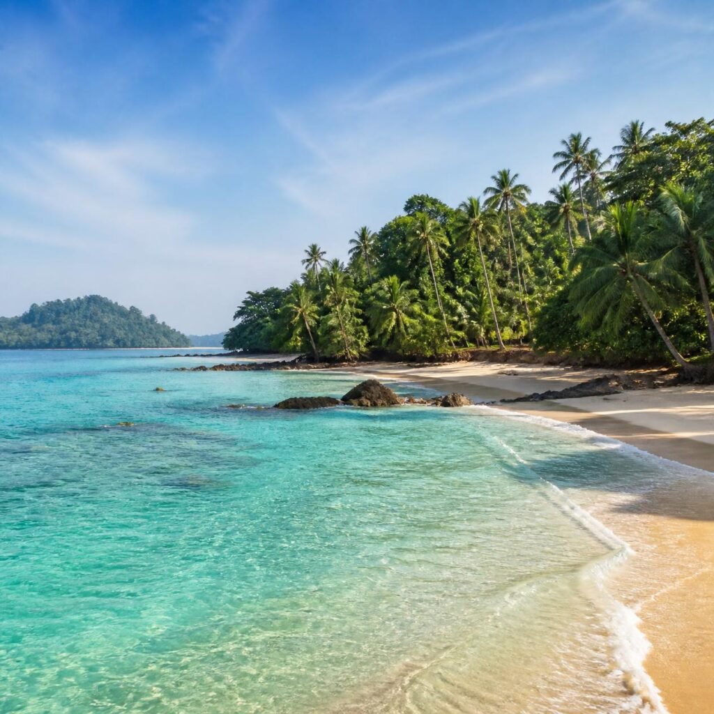 a scenic, realistic photo of the andaman and nicobar islands with turquoise water, white sandy beaches, lush tropical greenery, and a clear bright sky